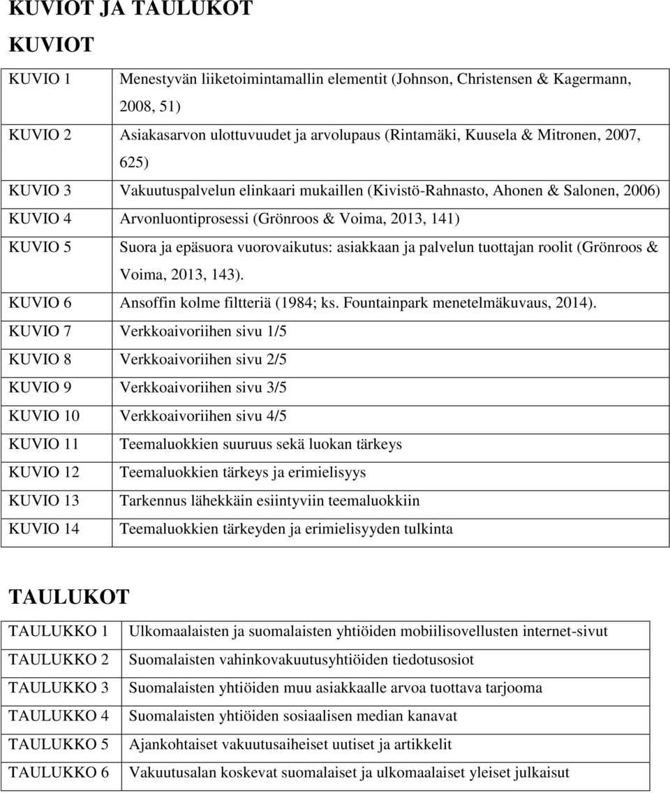 asiakkaan ja palvelun tuottajan roolit (Grönroos & Voima, 2013, 143). KUVIO 6 Ansoffin kolme filtteriä (1984; ks. Fountainpark menetelmäkuvaus, 2014).