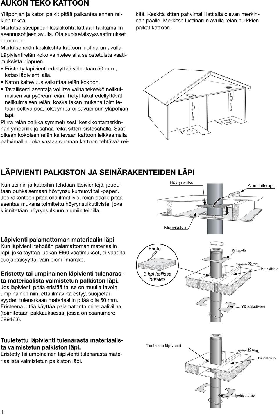 Eristetty läpivienti edellyttää vähintään 50 mm, katso läpivienti alla. Katon kaltevuus vaikuttaa reiän kokoon. Tavallisesti asentaja voi itse valita tekeekö nelikulmaisen vai pyöreän reiän.