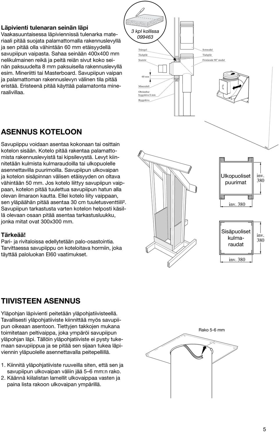 Savupiipun vaipan ja palamattoman rakennuslevyn välinen tila pitää eristää. Eristeenä pitää käyttää palamatonta mineraalivillaa.