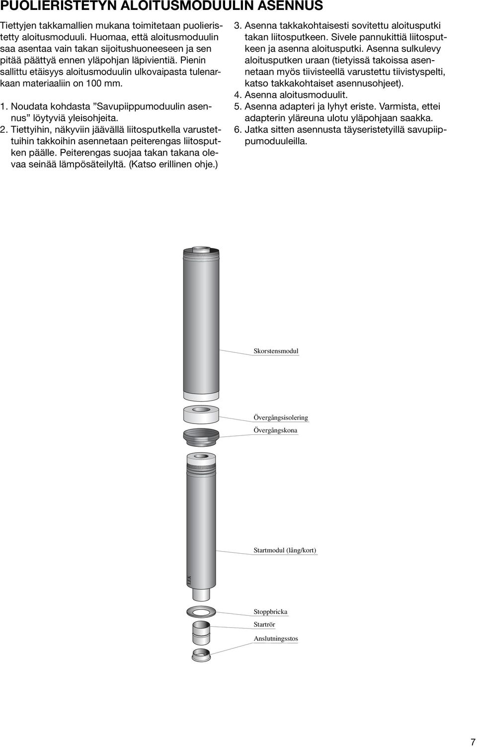 Pienin sallittu etäisyys aloitusmoduulin ulkovaipasta tulenarkaan materiaaliin on 100 mm. 1. Noudata kohdasta Savupiippumoduulin asennus löytyviä yleisohjeita. 2.