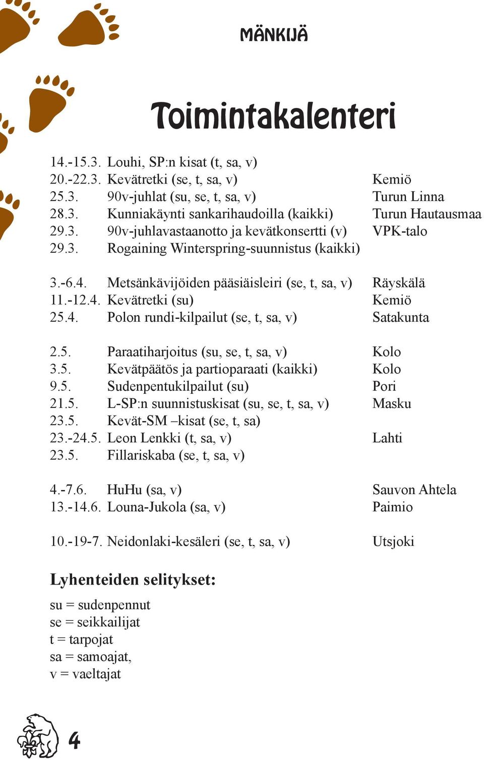 5. Kevätpäätös ja partioparaati (kaikki) Kolo 9.5. Sudenpentukilpailut (su) Pori 21.5. L-SP:n suunnistuskisat (su, se, t, sa, v) Masku 23.5. Kevät-SM kisat (se, t, sa) 23.-24.5. Leon Lenkki (t, sa, v) Lahti 23.