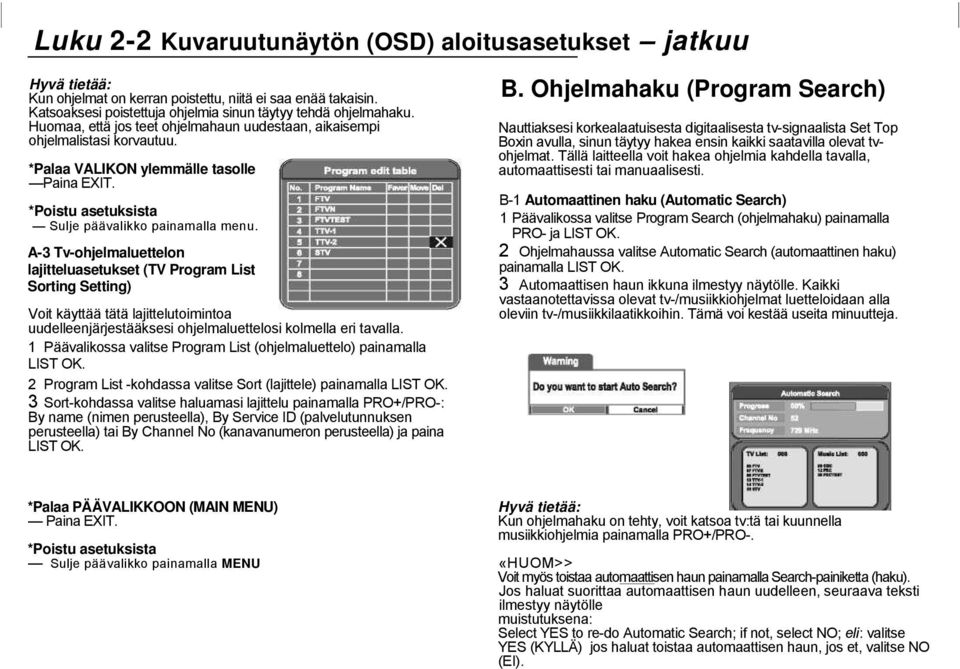 A-3 Tv-ohjelmaluettelon lajitteluasetukset (TV Program List Sorting Setting) Voit käyttää tätä lajittelutoimintoa uudelleenjärjestääksesi ohjelmaluettelosi kolmella eri tavalla.