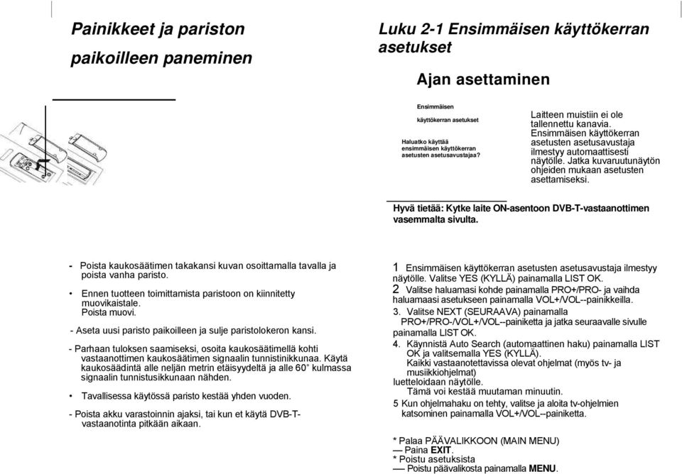 Jatka kuvaruutunäytön ohjeiden mukaan asetusten asettamiseksi. Kytke laite ON-asentoon DVB-T-vastaanottimen vasemmalta sivulta.