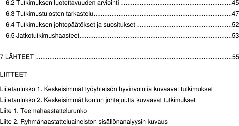 .. 55 LIITTEET Liitetaulukko 1. Keskeisimmät työyhteisön hyvinvointia kuvaavat tutkimukset Liitetaulukko 2.