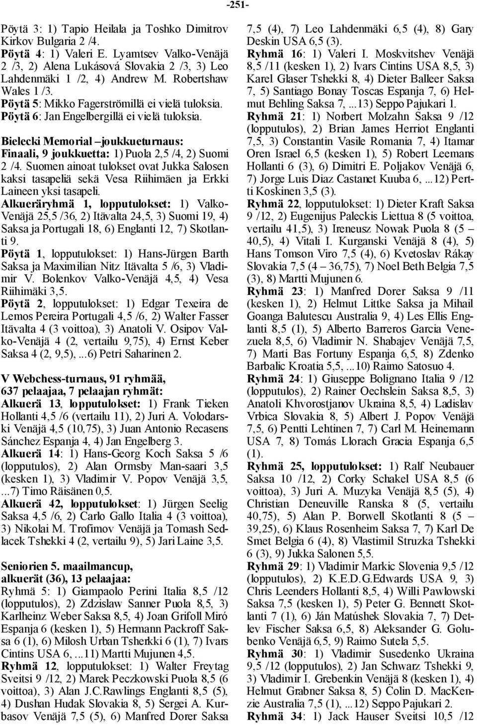 Bielecki Memorial joukkueturnaus: Finaali, 9 joukkuetta: 1) Puola 2,5 /4, 2) Suomi 2 /4. Suomen ainoat tulokset ovat Jukka Salosen kaksi tasapeliä sekä Vesa Riihimäen ja Erkki Laineen yksi tasapeli.