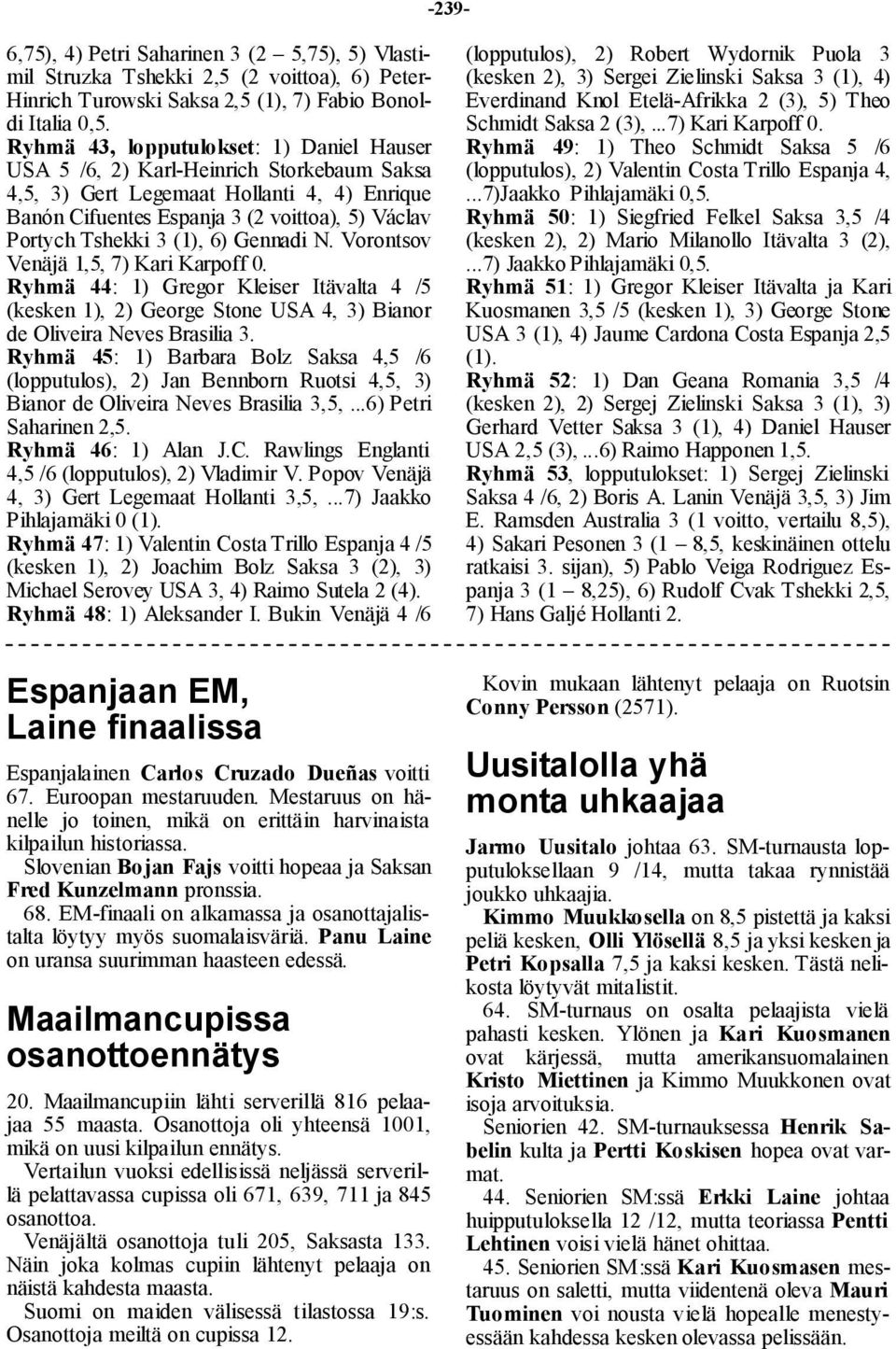 (1), 6) Gennadi N. Vorontsov Venäjä 1,5, 7) Kari Karpoff 0. Ryhmä 44: 1) Gregor Kleiser Itävalta 4 /5 (kesken 1), 2) George Stone USA 4, 3) Bianor de Oliveira Neves Brasilia 3.