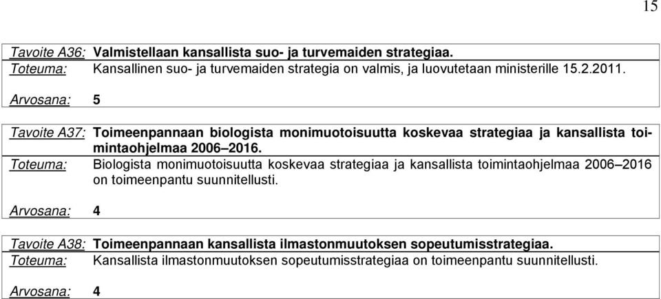 Arvosana: 5 Tavoite A37: Toimeenpannaan biologista monimuotoisuutta koskevaa strategiaa ja kansallista toimintaohjelmaa 2006 2016.