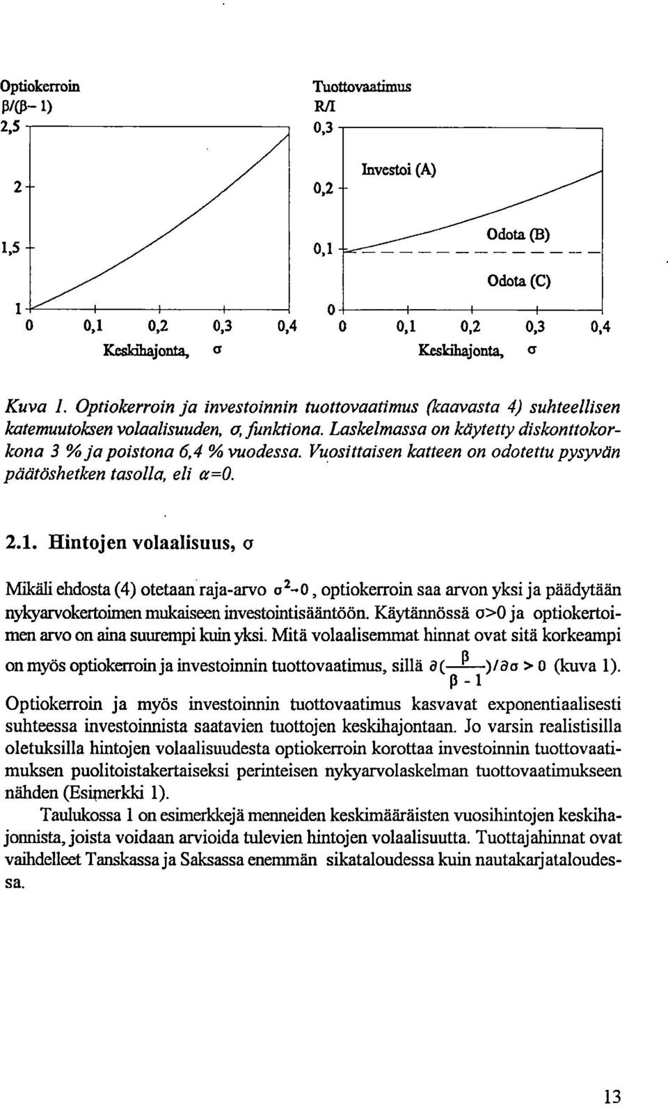 Vuosittaisen katteen on odotettu pysyvän päätöshetken tasolla, eli a=0. 2.1. Hintojen volaalisuus, a Mikäli ehdosta (4) otetaan raja-arvo o2.