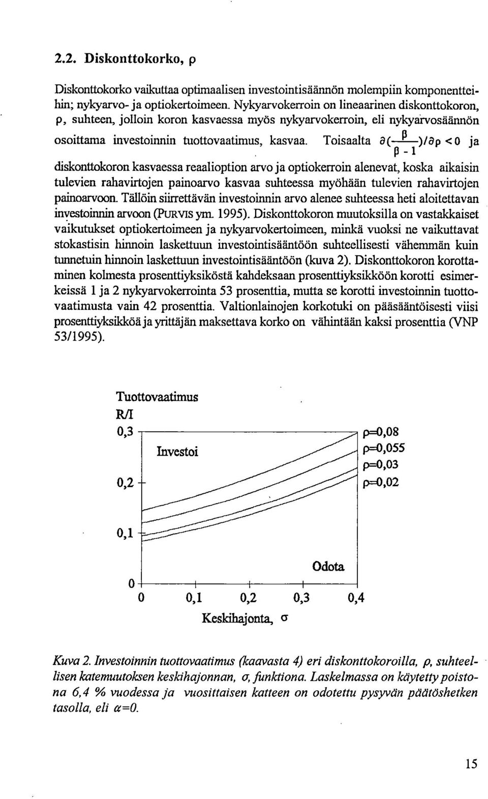 Toisaalta a( )18p <0 ja p - diskonttokoron kasvaessa reaalioption arvo ja optiokerroin alenevat, koska aikaisin tulevien rahavirtojen painoarvo kasvaa suhteessa myöhään tulevien rahavirtojen