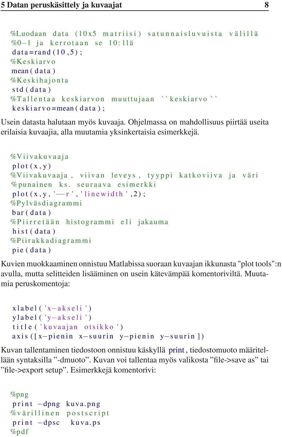 Usein datasta halutaan myös kuvaaja. Ohjelmassa on mahdollisuus piirtää useita erilaisia kuvaajia, alla muutamia yksinkertaisia esimerkkejä.