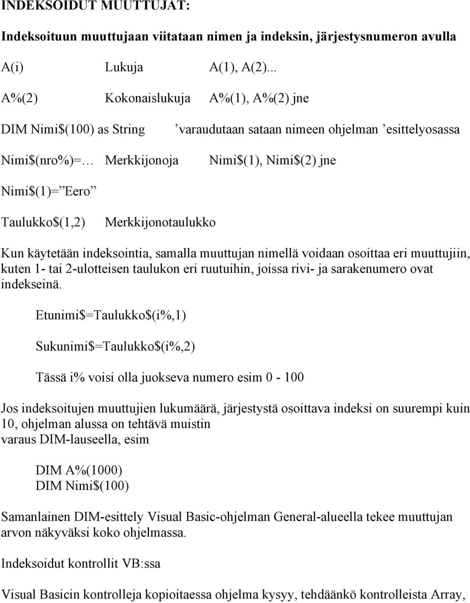 Merkkijonotaulukko Kun käytetään indeksointia, samalla muuttujan nimellä voidaan osoittaa eri muuttujiin, kuten 1- tai 2-ulotteisen taulukon eri ruutuihin, joissa rivi- ja sarakenumero ovat