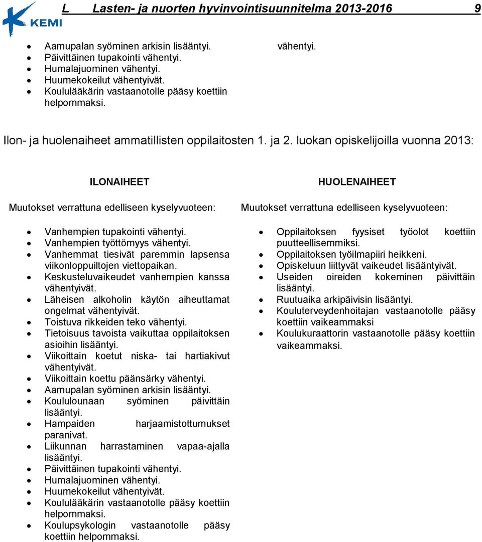 luokan opiskelijoilla vuonna 2013: ILONAIHEET Muutokset verrattuna edelliseen kyselyvuoteen: Vanhempien tupakointi vähentyi. Vanhempien työttömyys vähentyi.