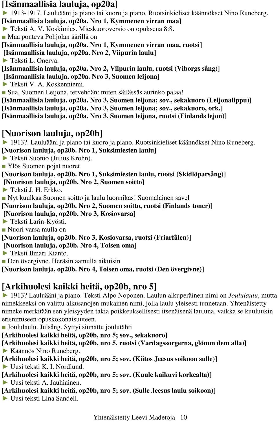 Nro 2, Viipurin laulu] Teksti L. Onerva. [Isänmaallisia lauluja, op20a. Nro 2, Viipurin laulu, ruotsi (Viborgs sång)] [Isänmaallisia lauluja, op20a. Nro 3, Suomen leijona] Teksti V. A. Koskenniemi.