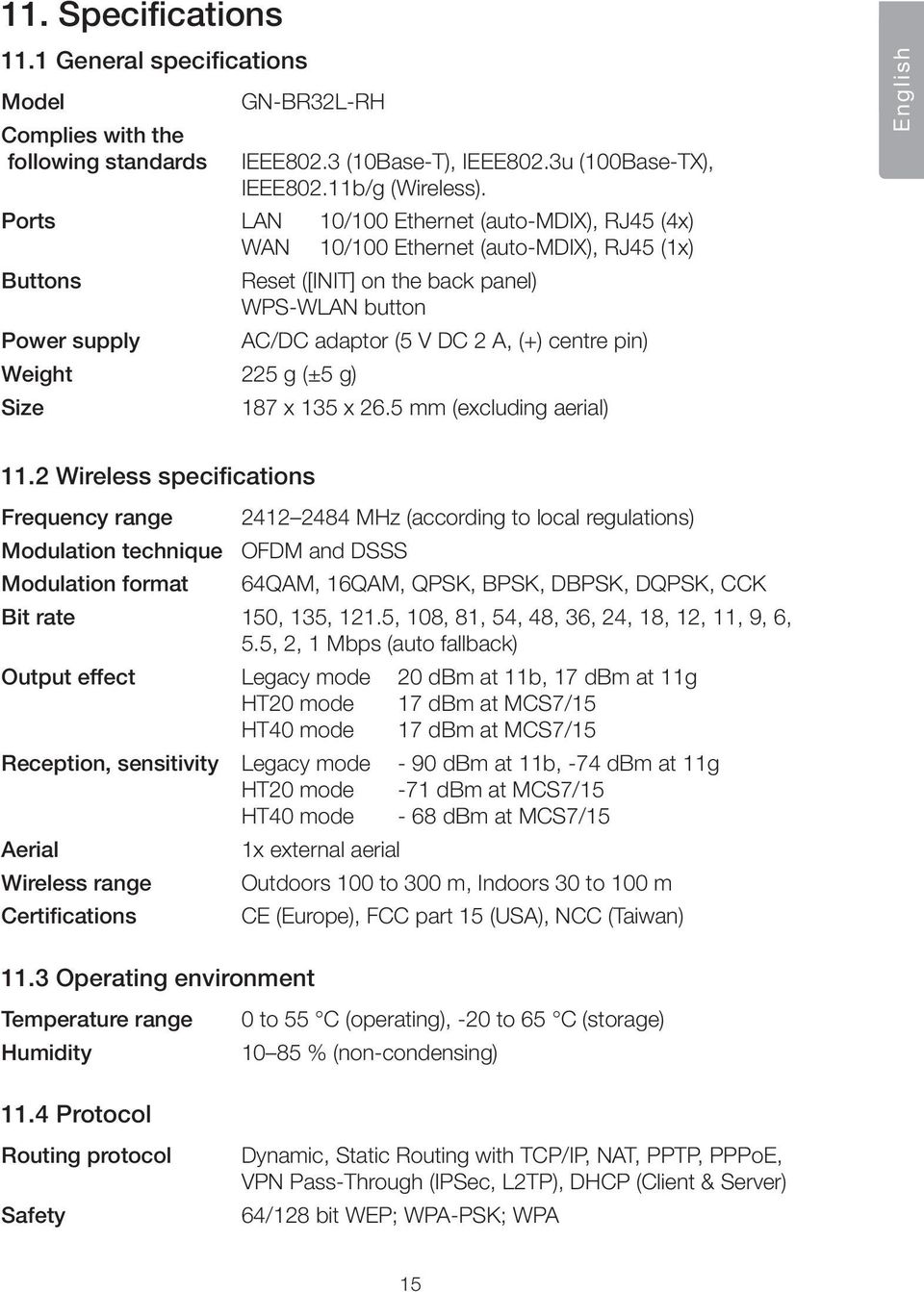 adaptor (5 V DC 2 A, (+) centre pin) 187 x 135 x 26.5 mm (excluding aerial) English 11.