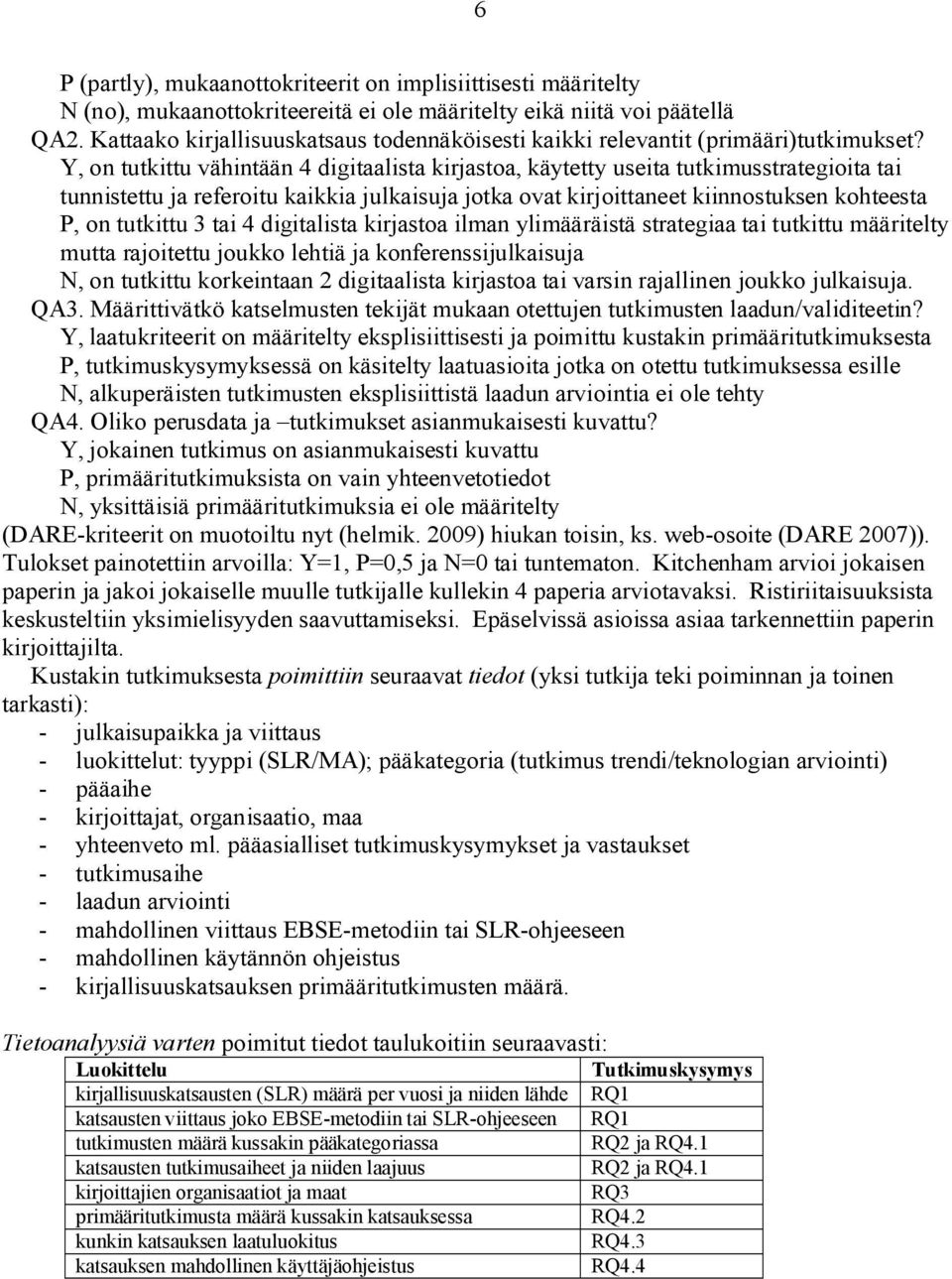 Y, on tutkittu vähintään 4 digitaalista kirjastoa, käytetty useita tutkimusstrategioita tai tunnistettu ja referoitu kaikkia julkaisuja jotka ovat kirjoittaneet kiinnostuksen kohteesta P, on tutkittu