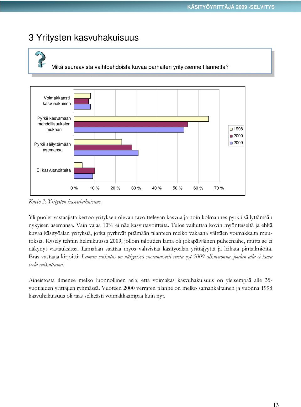 0 % 10 % 20 % 30 % 40 % 50 % 60 % 70 % Yli puolet vastaajista kertoo yrityksen olevan tavoittelevan kasvua ja noin kolmannes pyrkii säilyttämään nykyisen asemansa.