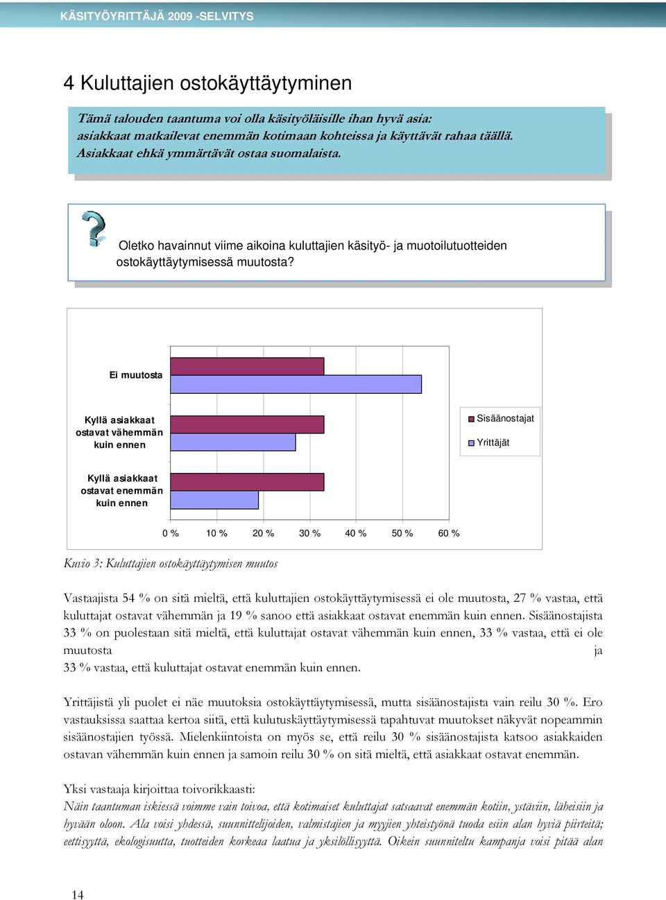 Ei muutosta Kyllä asiakkaat ostavat vähemmän kuin ennen Sisäänostajat Yrittäjät Kyllä asiakkaat ostavat enemmän kuin ennen 0 % 10 % 20 % 30 % 40 % 50 % 60 % Kuvio 3: Kuluttajien ostokäyttäytymisen