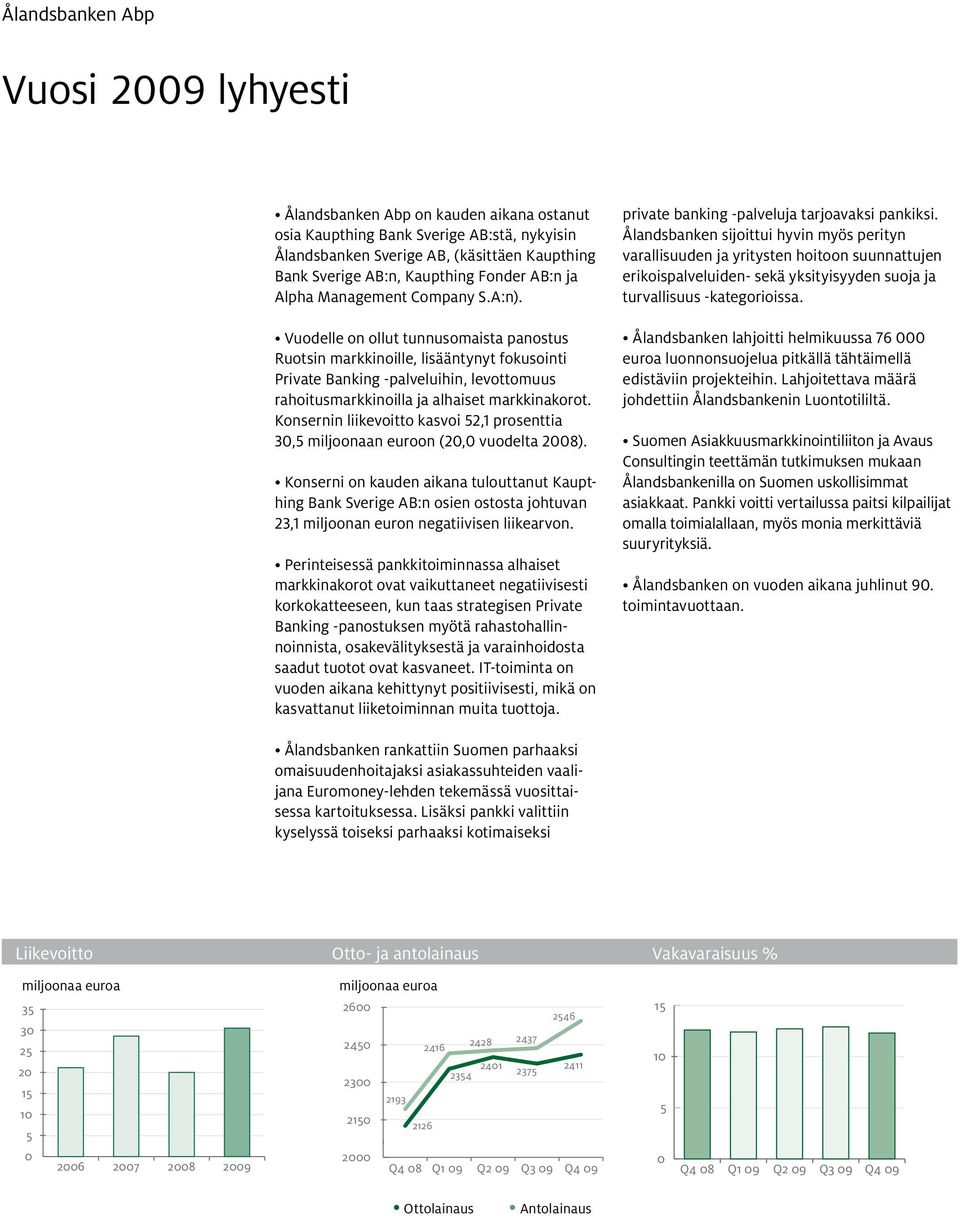 Vuodelle on ollut tunnusomaista panostus Ruotsin markkinoille, lisääntynyt fokusointi Private Banking -palveluihin, levottomuus rahoitusmarkkinoilla ja alhaiset markkinakorot.