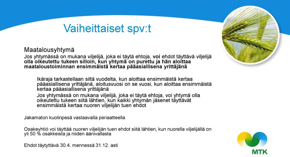 ensimmäistä kertaa pääasiallisena yrittäjänä Jos yhtymässä on mukana viljelijä, joka ei täytä ehtoja, voi yhtymä olla oikeutettu tukeen siitä lähtien, kun kaikki yhtymän jäsenet täyttävät ensimmäistä