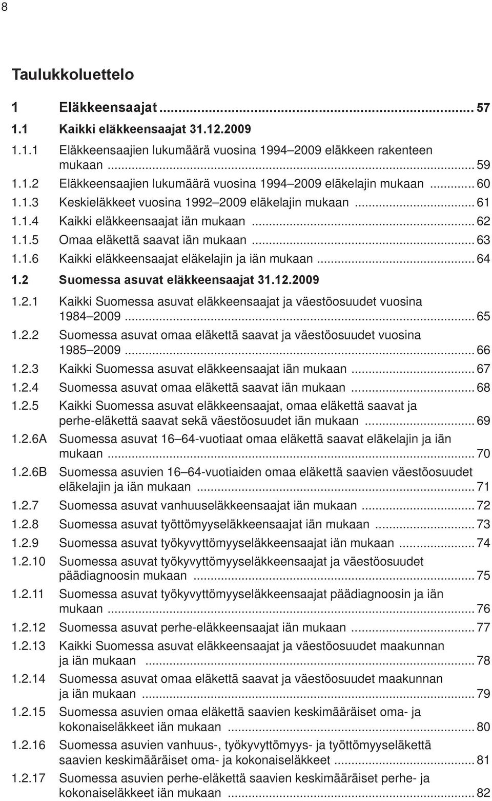 .. 64 1.2 Suomessa asuvat eläkkeensaajat 31.12.2009 1.2.1 Kaikki Suomessa asuvat eläkkeensaajat ja väestöosuudet vuosina 1984 2009... 65 1.2.2 Suomessa asuvat omaa eläkettä saavat ja väestöosuudet vuosina 1985 2009.