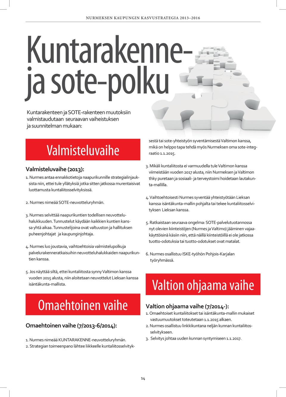 Nurmes nimeää SOTE-neuvotteluryhmän. 3. Nurmes selvittää naapurikuntien todellisen neuvotteluhalukkuuden. Tunnustelut käydään kaikkien kuntien kanssa yhtä aikaa.