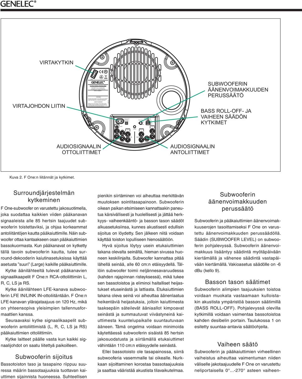 STEEO IN MAINS INPUT 0 /60Hz 70 W 230 V~ POWE O -2 db SUBWOOFE -4 db EVE MAX MIN PHASE 0/-90 0/-180 VITAKYTKIN VITAJOHD IITIN Active Subwoofer MAGNETICAY SHIEDED SEIA NUMBE WANING AVETISSEMENT