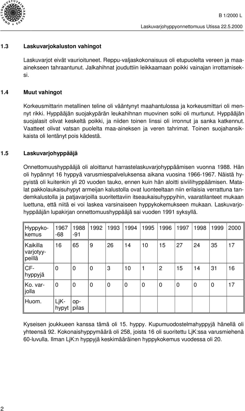 Hyppääjän suojakypärän leukahihnan muovinen solki oli murtunut. Hyppääjän suojalasit olivat keskeltä poikki, ja niiden toinen linssi oli irronnut ja sanka katkennut.