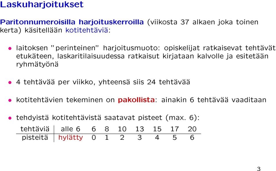 kalvolle ja esitetaan ryhmatyona 4 tehtavaa per viikko, yhteensa siis 24 tehtavaa kotitehtavien tekeminen on pakollista: ainakin