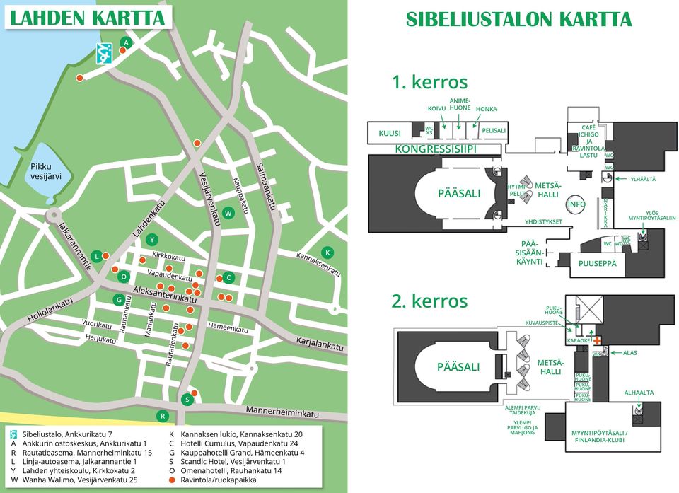 Rautatieasema, Mannerheiminkatu 15 Linja-autoasema, Jalkarannantie 1 Lahden yhteiskoulu, Kirkkokatu 2 Wanha Walimo, Vesijärvenkatu 25 L G O Y Kirkkokatu Vapaudenkatu Aleksanterinkatu Rautatienkatu R