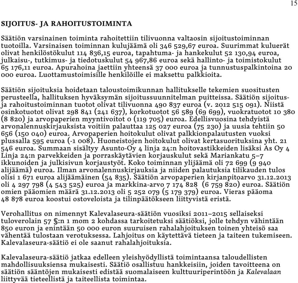 euroa. Apurahoina jaettiin yhteensä 37 000 euroa ja tunnustuspalkintoina 20 000 euroa. Luottamustoimisille henkilöille ei maksettu palkkioita.