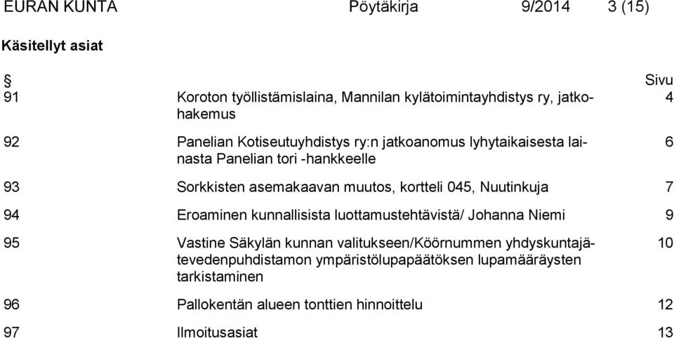 045, Nuutinkuja 7 94 Eroaminen kunnallisista luottamustehtävistä/ Johanna Niemi 9 95 Vastine Säkylän kunnan valitukseen/köörnummen