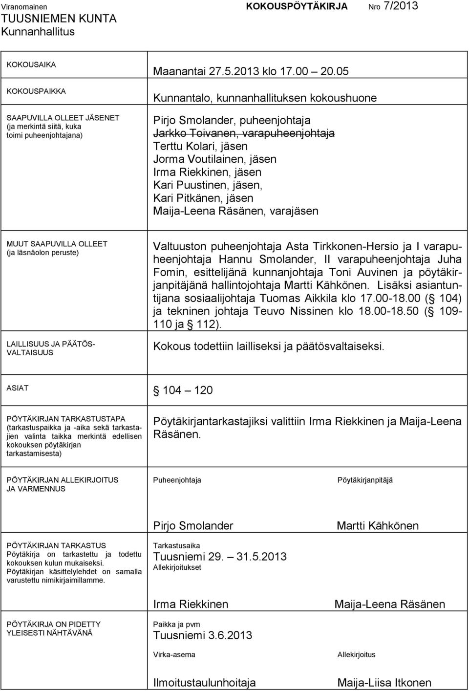 05 Kunnantalo, kunnanhallituksen kokoushuone Pirjo Smolander, puheenjohtaja Jarkko Toivanen, varapuheenjohtaja Terttu Kolari, jäsen Jorma Voutilainen, jäsen Irma Riekkinen, jäsen Kari Puustinen,