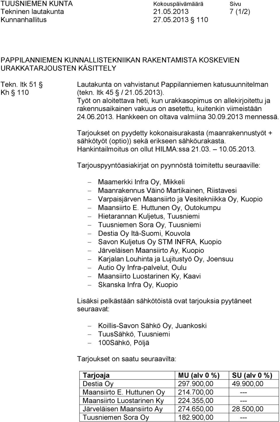 Työt on aloitettava heti, kun urakkasopimus on allekirjoitettu ja rakennusaikainen vakuus on asetettu, kuitenkin viimeistään 24.06.2013. Hankkeen on oltava valmiina 30.09.2013 mennessä.