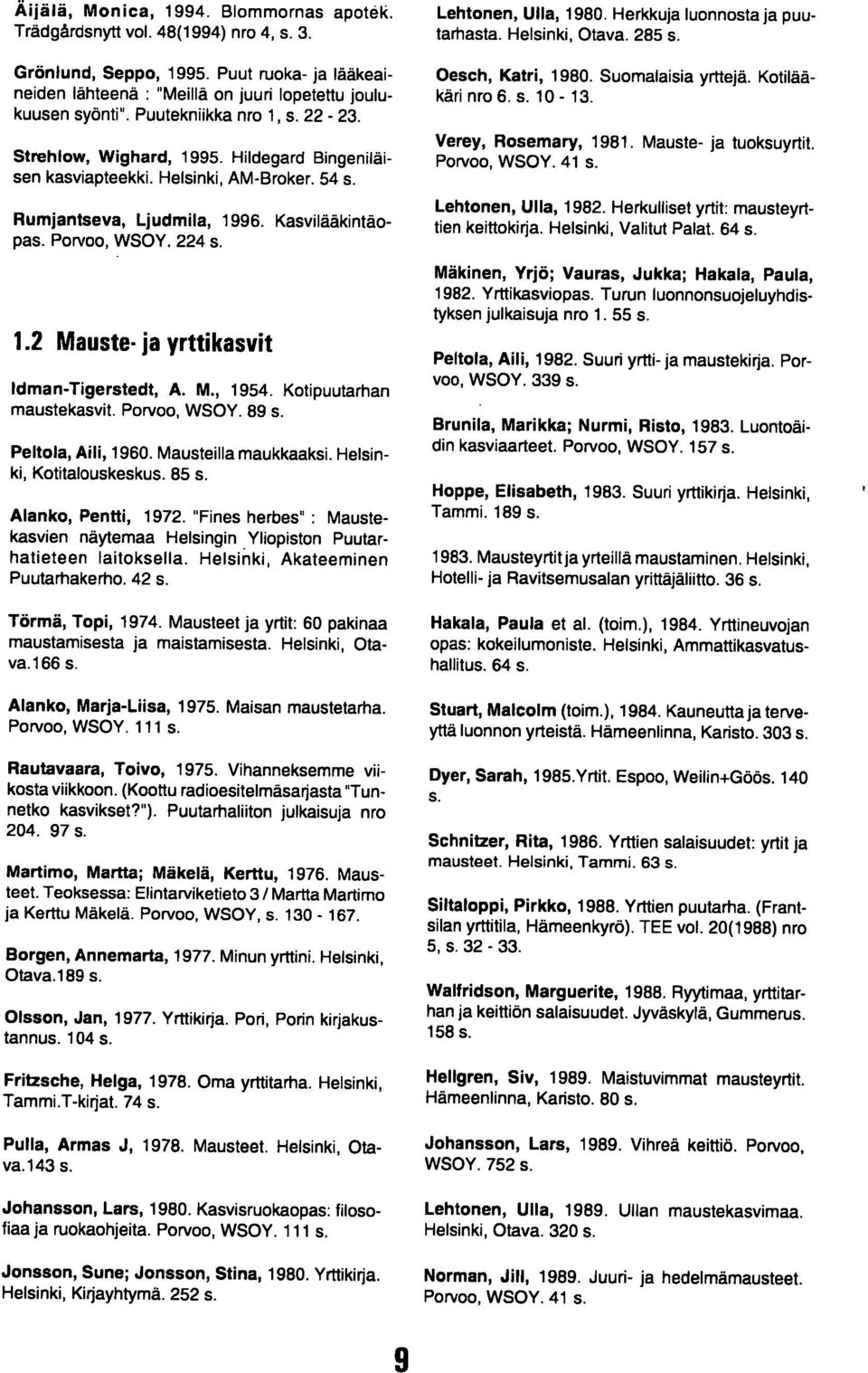M., 1954. Kotipuutarhan maustekasvit. Porvoo, WSOY. 89 s. Peltola, Aili, 1960. Mausteilla maukkaaksi. Helsinki, Kotitalouskeskus. 85 s. Alanko, Pentti, 1972.