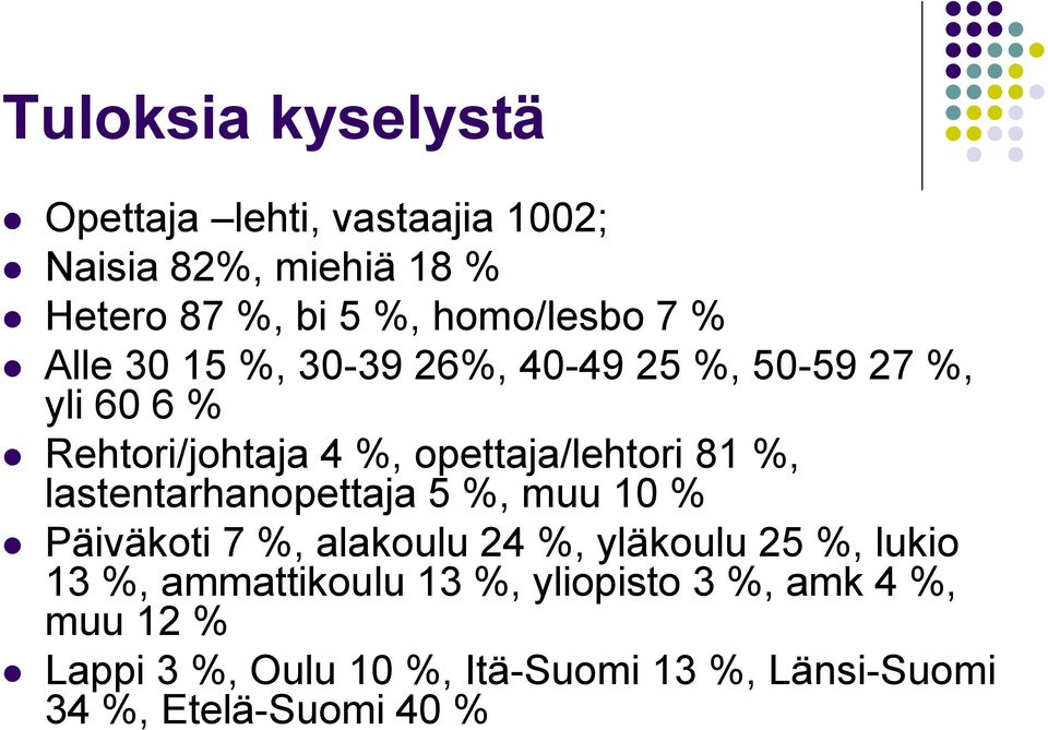 lastentarhanopettaja 5 %, muu 10 % Päiväkoti 7 %, alakoulu 24 %, yläkoulu 25 %, lukio 13 %, ammattikoulu 13