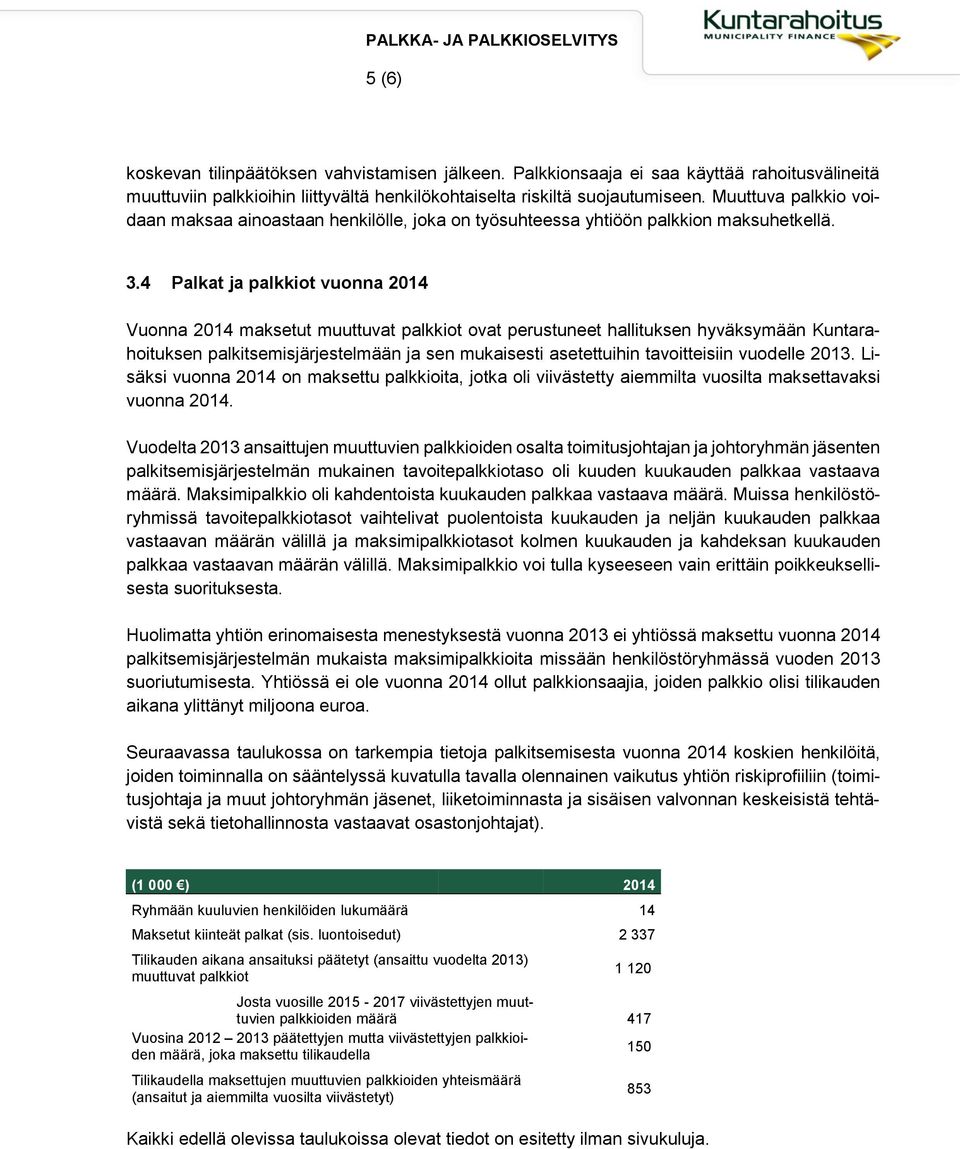 4 Palkat ja palkkiot vuonna 2014 Vuonna 2014 maksetut muuttuvat palkkiot ovat perustuneet hallituksen hyväksymään Kuntarahoituksen palkitsemisjärjestelmään ja sen mukaisesti asetettuihin