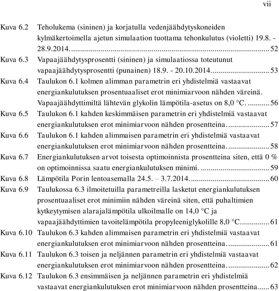 1 kolmen alimman parametrin eri yhdistelmiä vastaavat energiankulutuksen prosentuaaliset erot minimiarvoon nähden väreinä. Vapaajäähdyttimiltä lähtevän glykolin lämpötila-asetus on 8,0 C.... 56 Kuva 6.