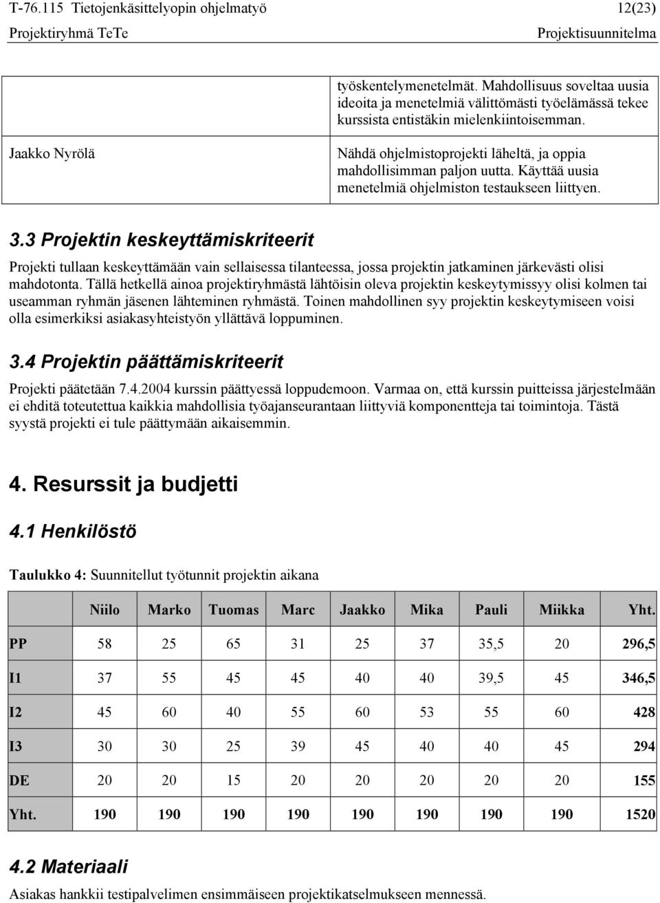 3 Projektin keskeyttämiskriteerit Projekti tullaan keskeyttämään vain sellaisessa tilanteessa, jossa projektin jatkaminen järkevästi olisi mahdotonta.