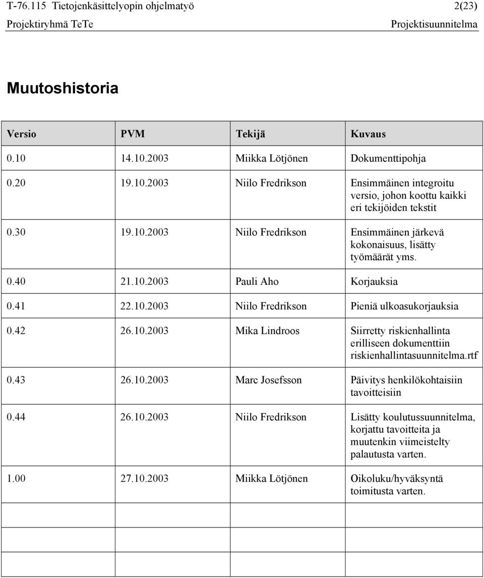 rtf 0.43 26.10.2003 Marc Josefsson Päivitys henkilökohtaisiin tavoitteisiin 0.44 26.10.2003 Niilo Fredrikson Lisätty koulutussuunnitelma, korjattu tavoitteita ja muutenkin viimeistelty palautusta varten.