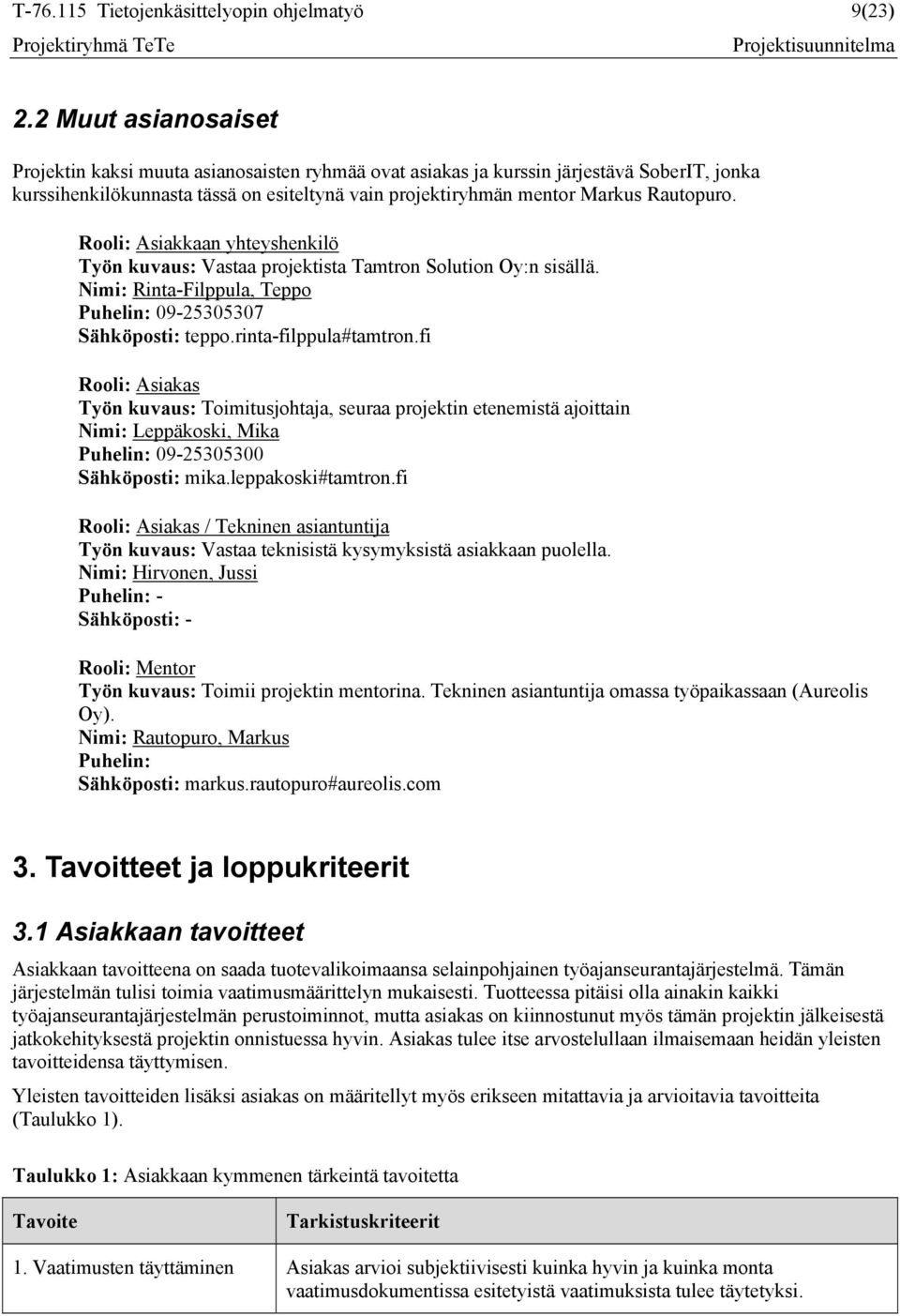 Rooli: Asiakkaan yhteyshenkilö Työn kuvaus: Vastaa projektista Tamtron Solution Oy:n sisällä. Nimi: Rinta-Filppula, Teppo Puhelin: 09-25305307 Sähköposti: teppo.rinta-filppula#tamtron.