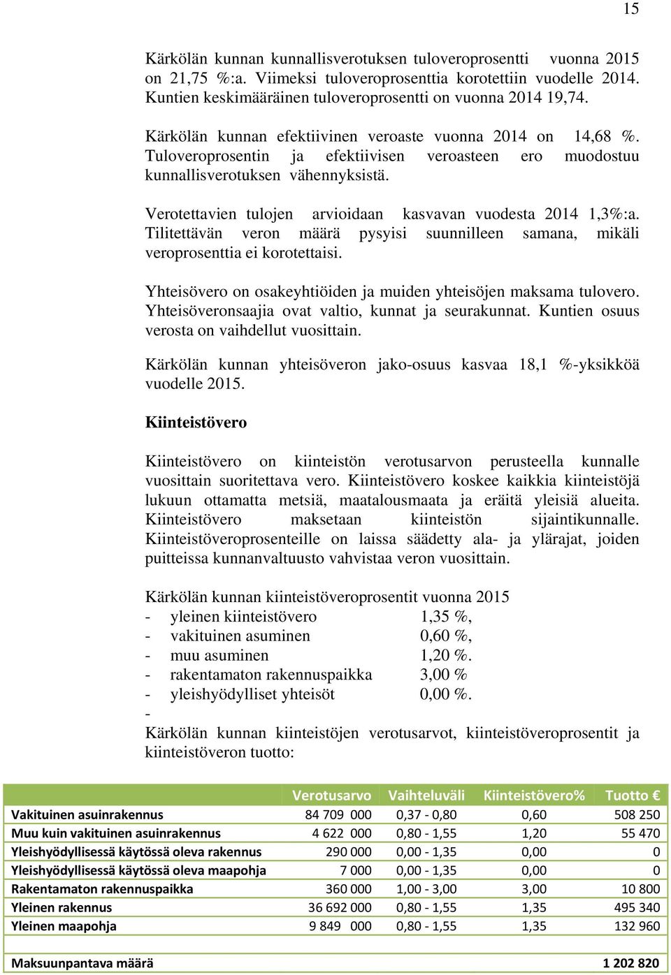 Verotettavien tulojen arvioidaan kasvavan vuodesta 2014 1,3%:a. Tilitettävän veron määrä pysyisi suunnilleen samana, mikäli veroprosenttia ei korotettaisi.