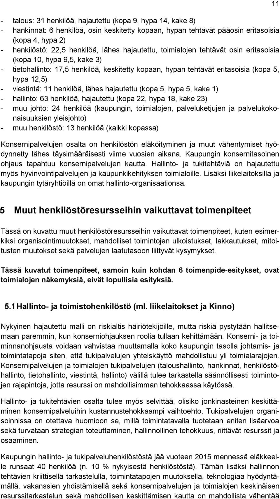 henkilöä, lähes hajautettu (kopa 5, hypa 5, kake 1) - hallinto: 63 henkilöä, hajautettu (kopa 22, hypa 18, kake 23) - muu johto: 24 henkilöä (kaupungin, toimialojen, palveluketjujen ja