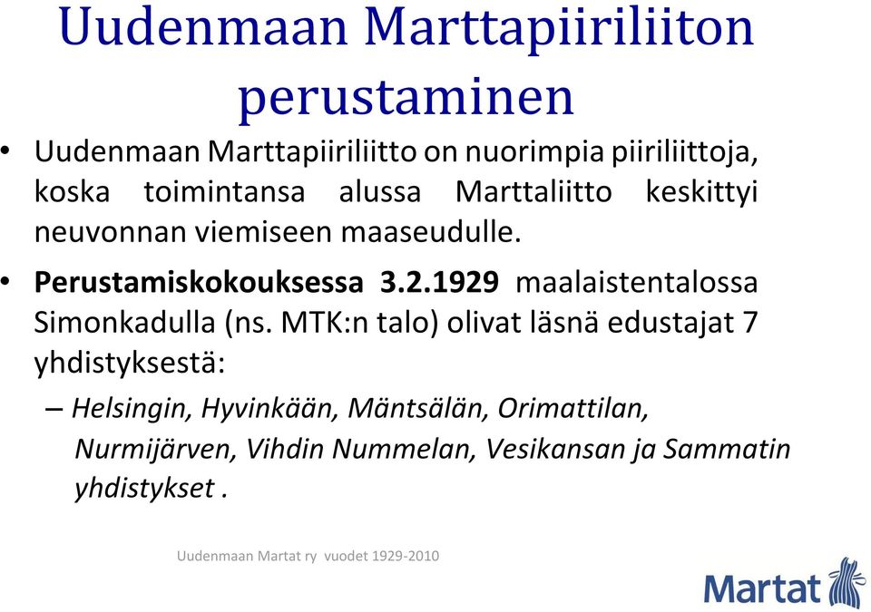 Perustamiskokouksessa 3.2.1929 maalaistentalossa Simonkadulla (ns.