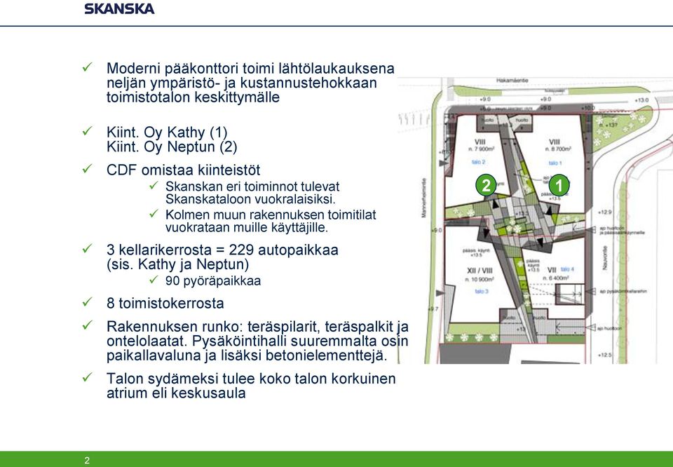 Kolmen muun rakennuksen toimitilat vuokrataan muille käyttäjille. 3 kellarikerrosta = 229 autopaikkaa (sis.