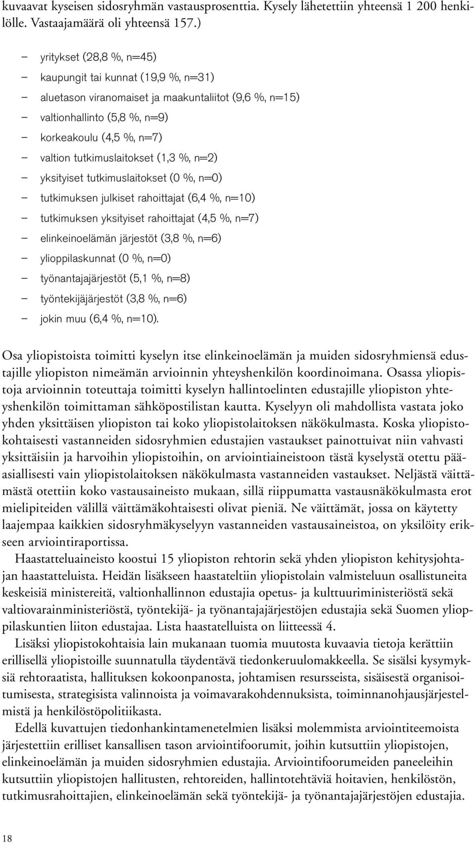 (1,3 %, n=2) yksityiset tutkimuslaitokset (0 %, n=0) tutkimuksen julkiset rahoittajat (6,4 %, n=10) tutkimuksen yksityiset rahoittajat (4,5 %, n=7) elinkeinoelämän järjestöt (3,8 %, n=6)