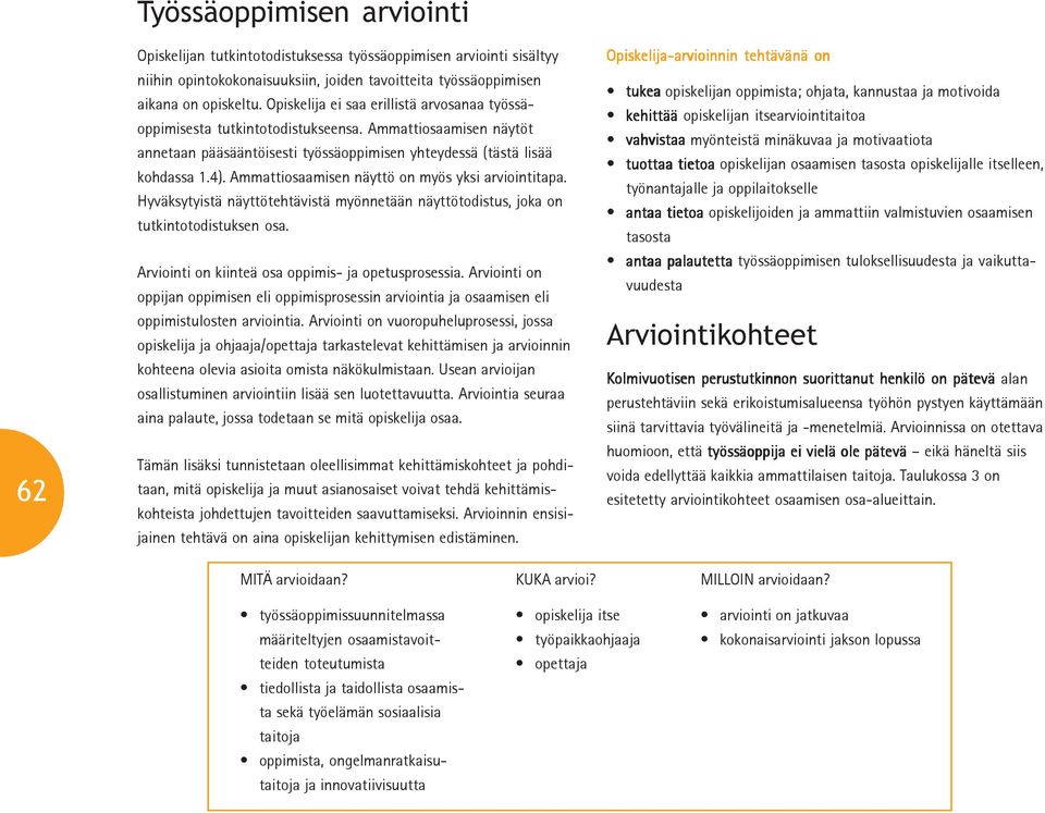 Ammattiosaamisen näyttö on myös yksi arviointitapa. Hyväksytyistä näyttötehtävistä myönnetään näyttötodistus, joka on tutkintotodistuksen osa. Arviointi on kiinteä osa oppimis- ja opetusprosessia.