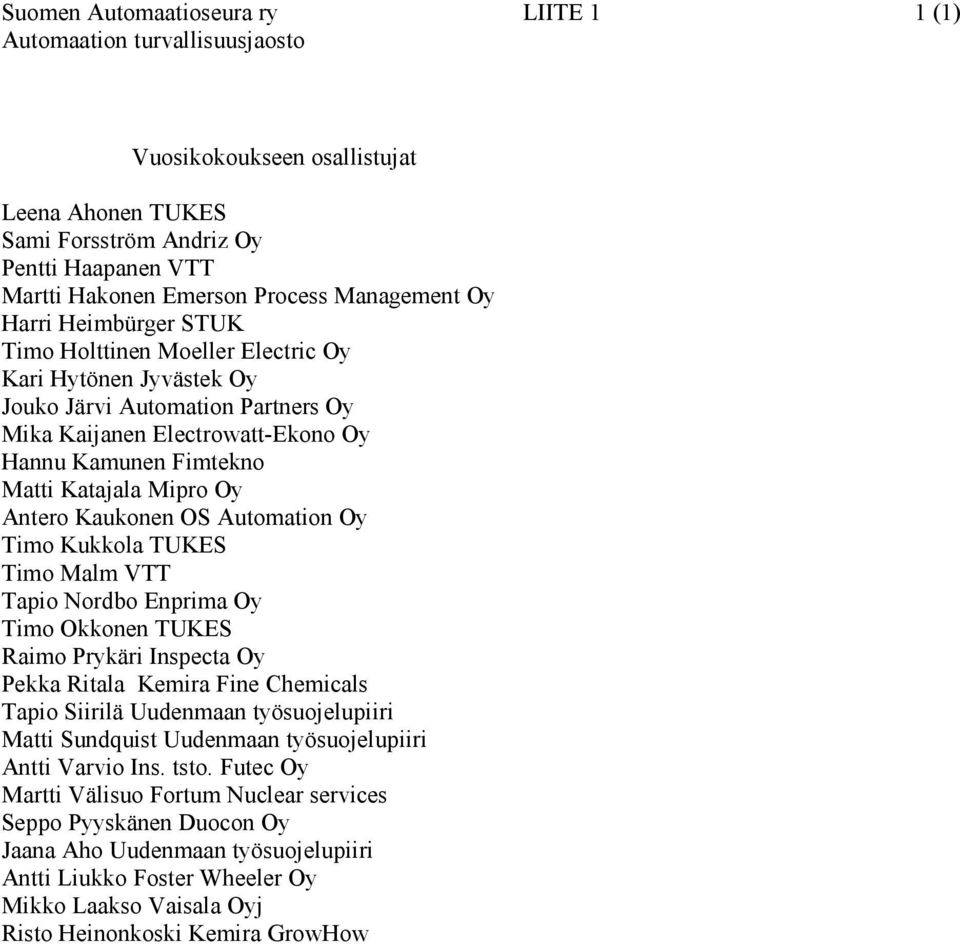 Katajala Mipro Oy Antero Kaukonen OS Automation Oy Timo Kukkola TUKES Timo Malm VTT Tapio Nordbo Enprima Oy Timo Okkonen TUKES Raimo Prykäri Inspecta Oy Pekka Ritala Kemira Fine Chemicals Tapio