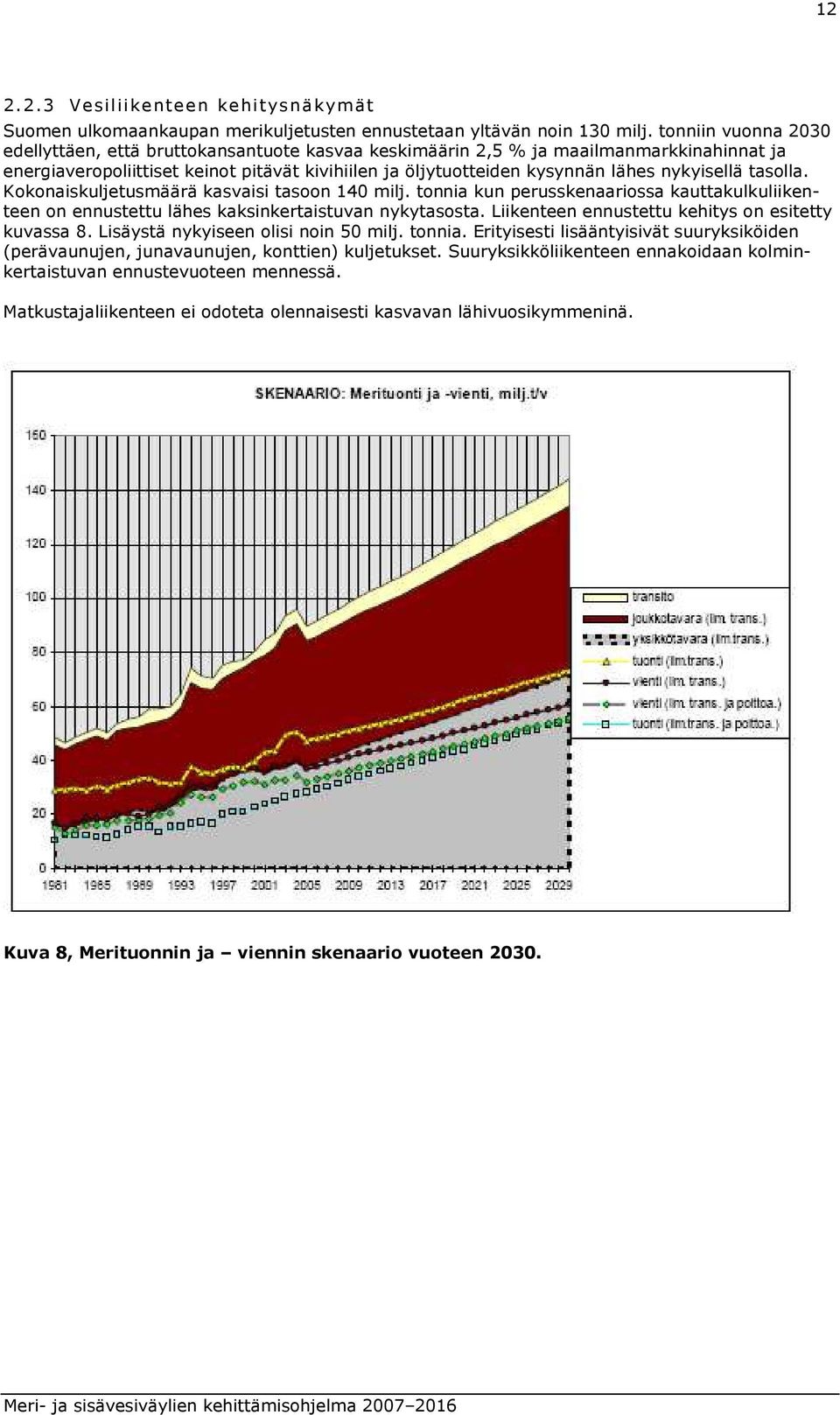 nykyisellä tasolla. Kokonaiskuljetusmäärä kasvaisi tasoon 140 milj. tonnia kun perusskenaariossa kauttakulkuliikenteen on ennustettu lähes kaksinkertaistuvan nykytasosta.