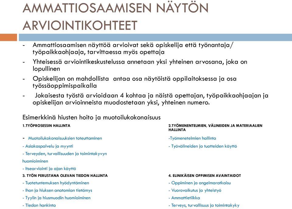 opettajan, työpaikkaohjaajan ja opiskelijan arvioinneista muodostetaan yksi, yhteinen numero. Esimerkkinä hiusten hoito ja muotoilukokonaisuus 1.TYÖPROSESSIN HALLINTA 2.