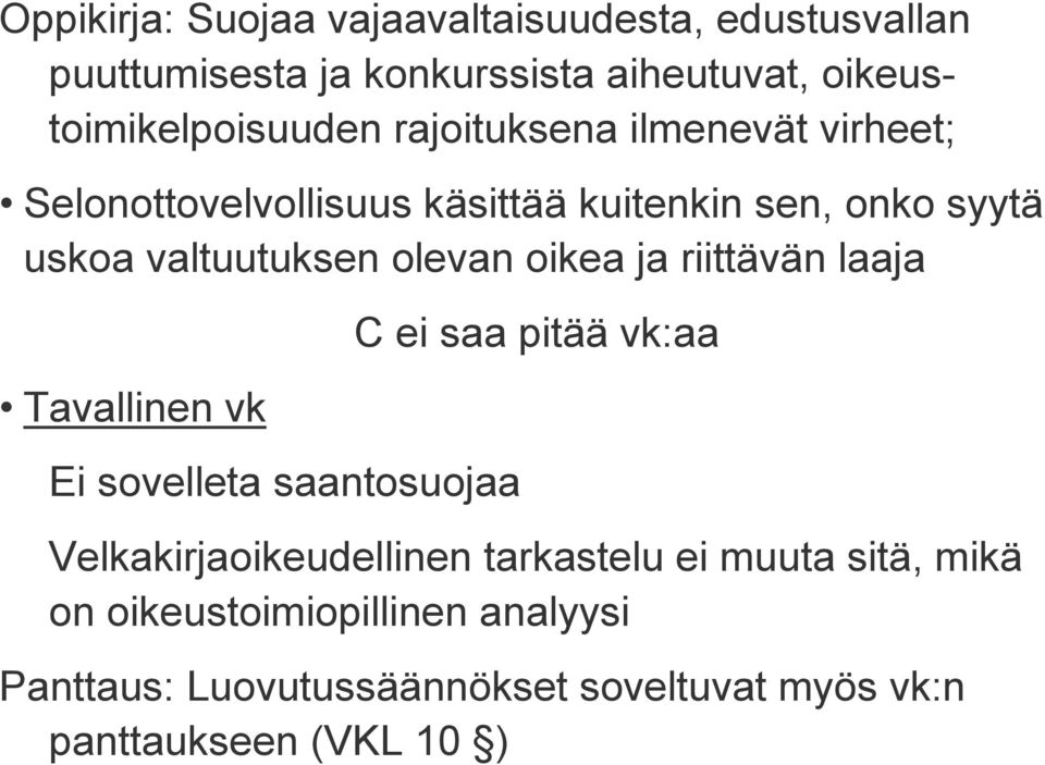 oikea ja riittävän laaja Tavallinen vk Ei sovelleta saantosuojaa C ei saa pitää vk:aa Velkakirjaoikeudellinen